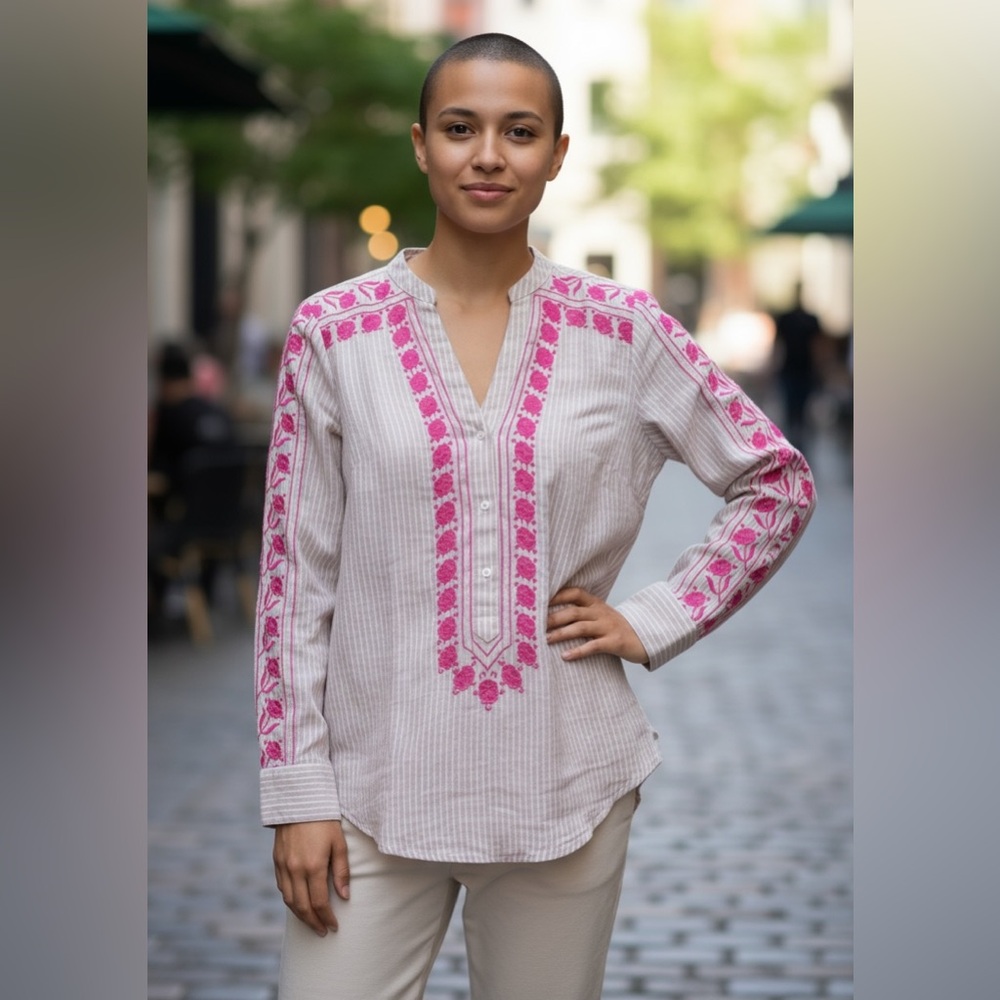 J.Crew Embroidered Flowers  V Neck Tunic in Stripe Boho  Style Size XXS